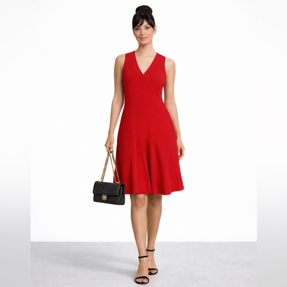 J. Crew Red Wedding Guest V Neck Large Sleeveless  Scalloped Quiet Luxury Dress